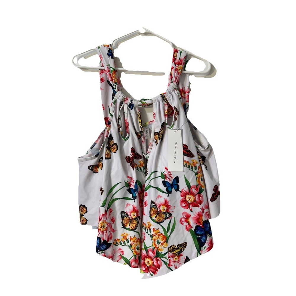 Rose Gal L Swimsuit Asymmetrical Top Tankini White Floral Butterfly Sz 4X 22 New